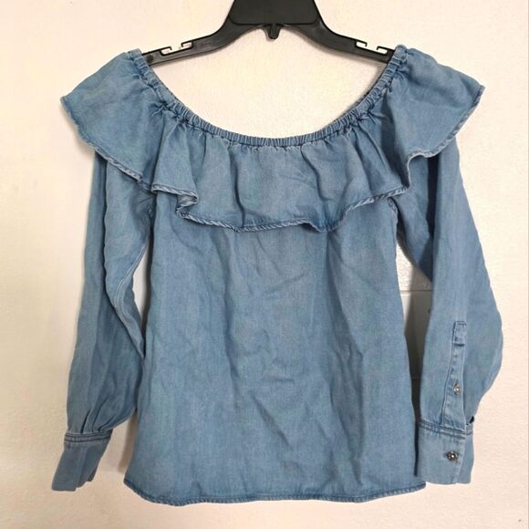 7 For All Mankind Blue Chambray Off The Shoulder Top Size Small - Picture 2 of 8